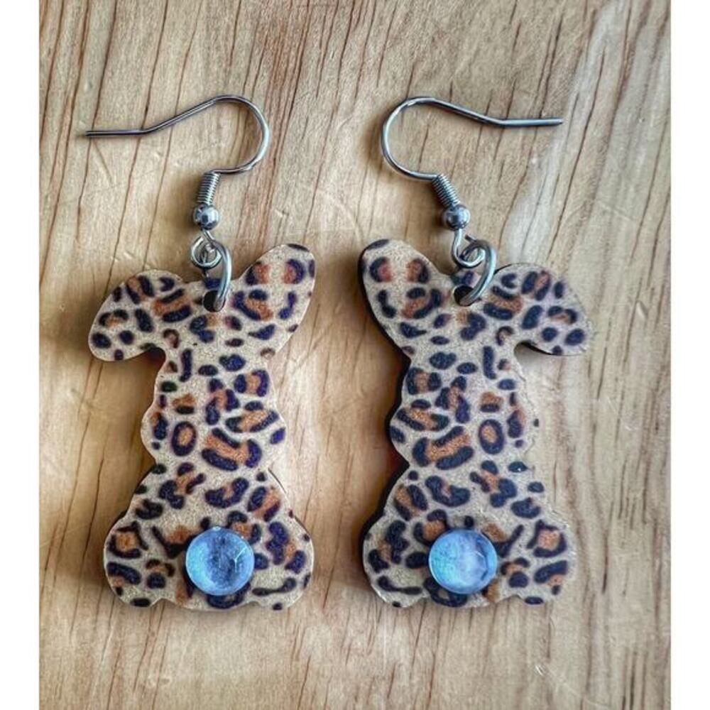 Easter Bunny Earrings Wooden Leopard Rhinestone Dangle‎ Jewelry NEW